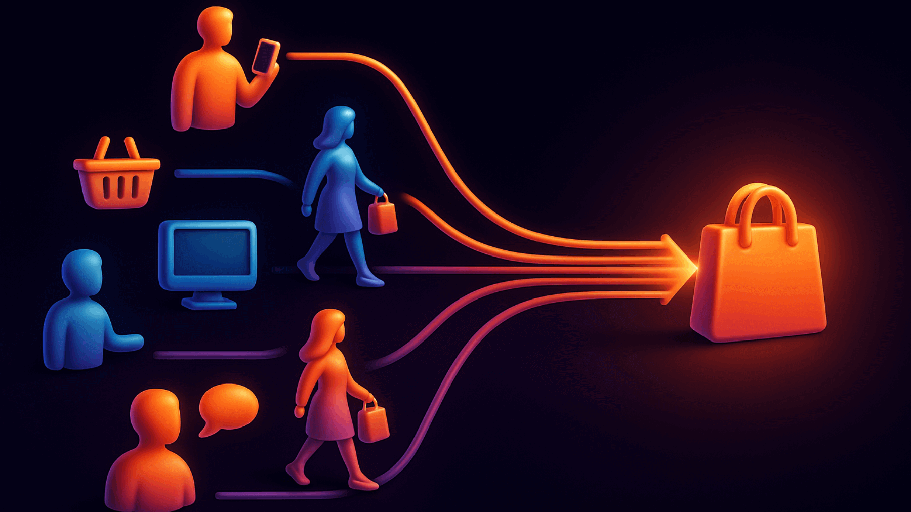 illustration of unified commerce with shoppers going through a variety of paths but ultimately ending on a single platform
