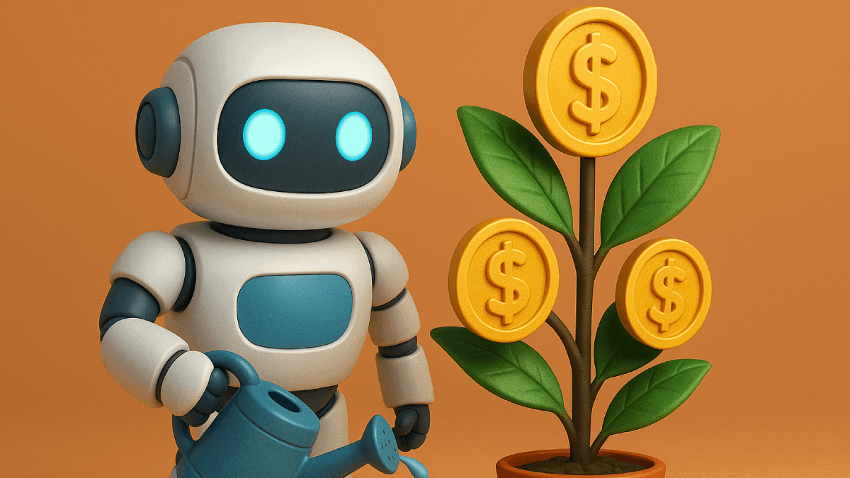 illustration of ROI growth when using conversational AI for customer service, via a chatbot watering a money plant
