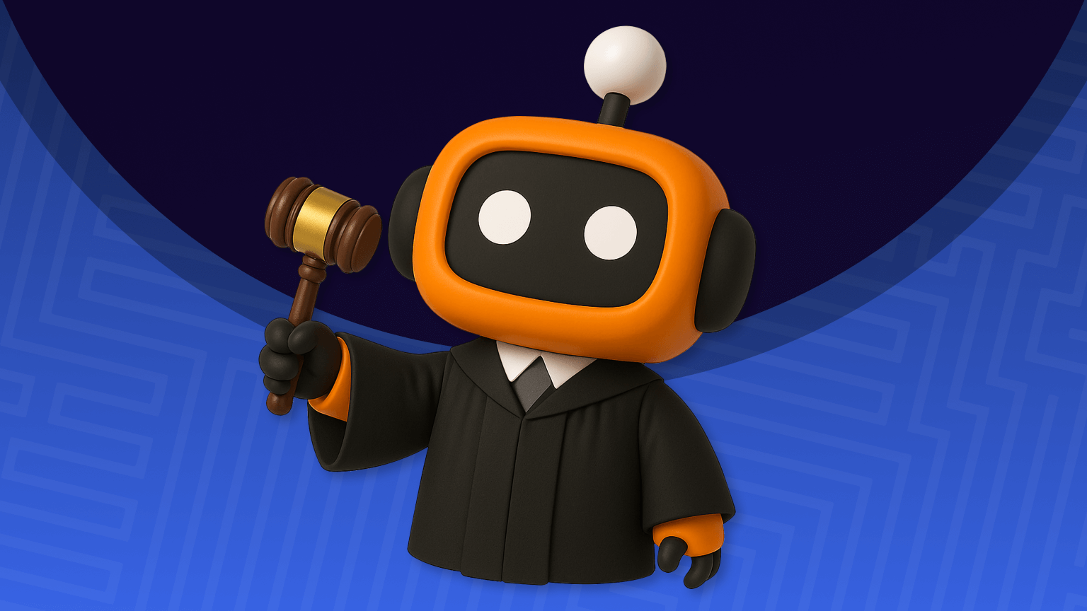 Bot dressed as judge, representing the law firm's webinar about overcoming ai adoption challenges