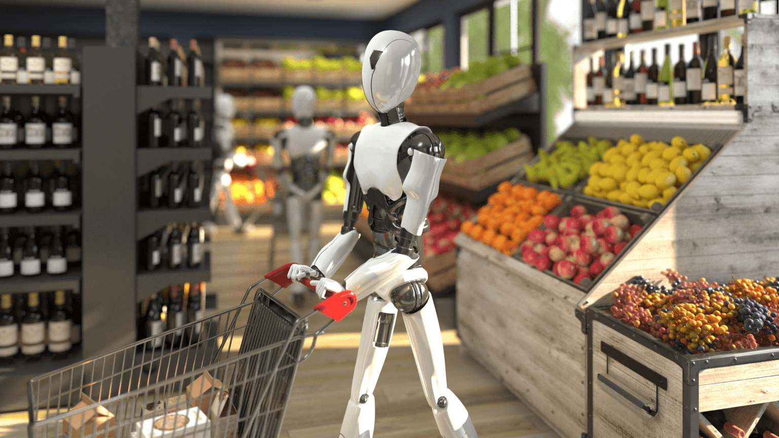 illustration of robots shopping, representing synthetic AI testing