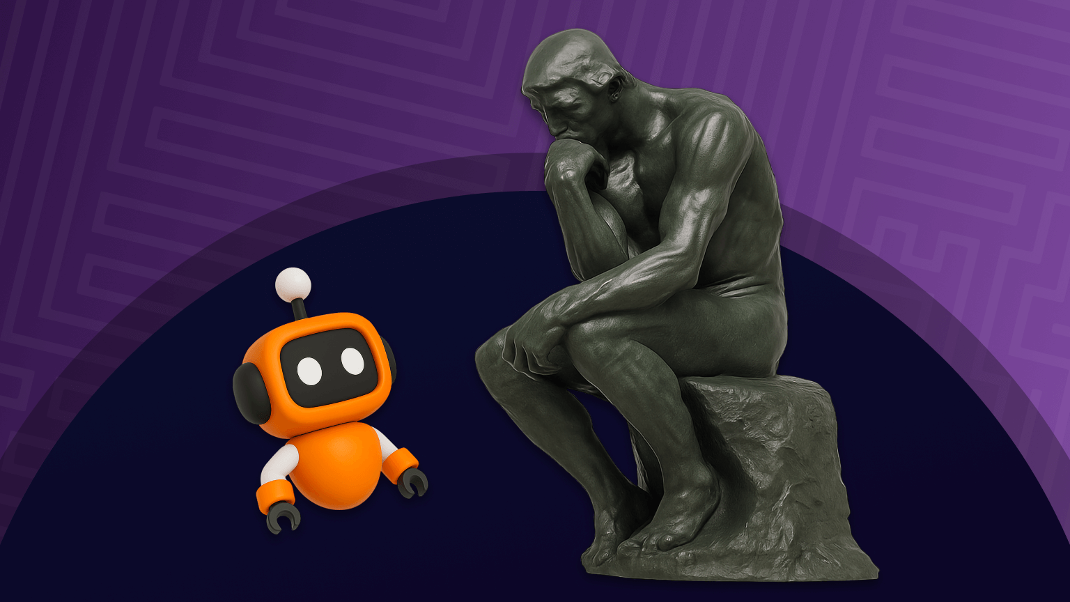 illustration of the evolution of conversational AI, with little bot looking up at The Thinker stature