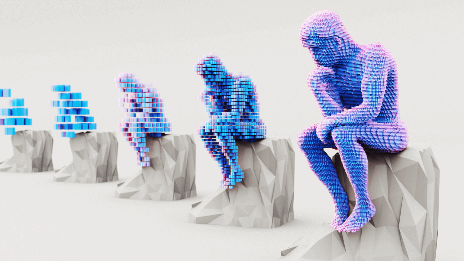 Gradually more complex Thinker statues, illustrating the evolution of conversational AI into more sophistication