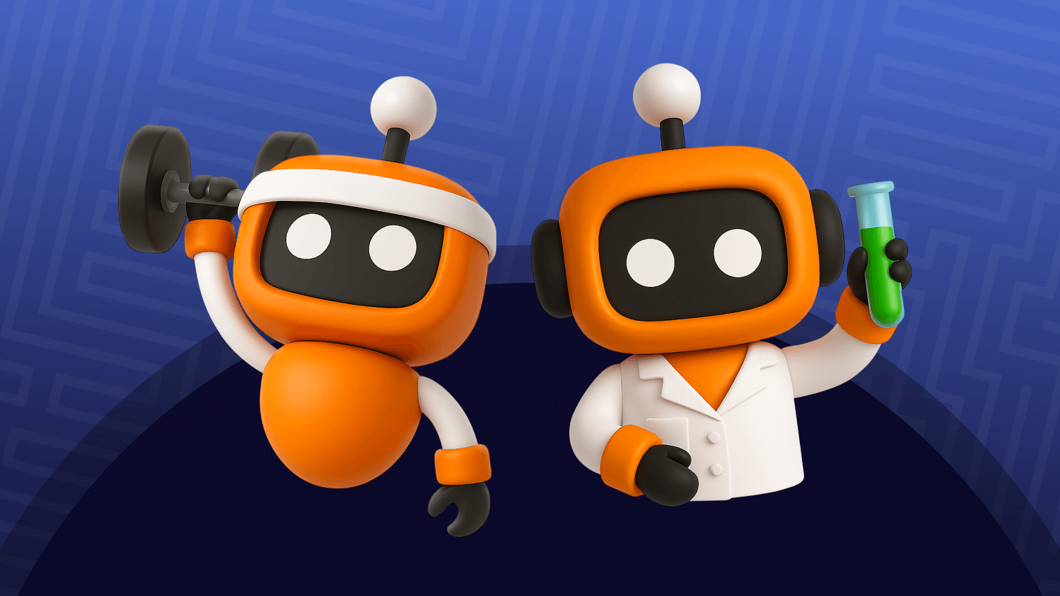 illustration of AI simulation with bots lifting weights and running chemistry tests